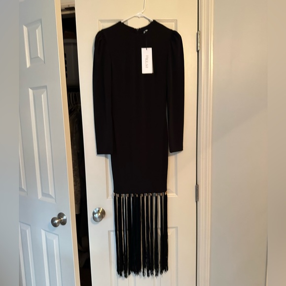 NWT - HELSI “Greta” Puff Sleeve Black Fringe Midi Dress with Gold Accents - Picture 8 of 15